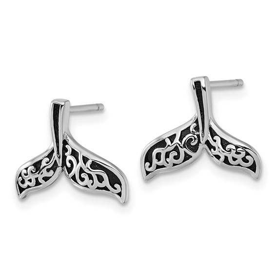 Sterling Silver Rhodium-plated Polished and Oxidized Filigree Whale Tail Post Earrings