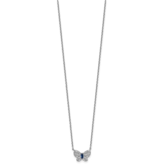 Sterling Silver Rhodium-plated Polished Blue Glass and White CZ Butterfly 16 Inch with 2 Inch Extension Necklace