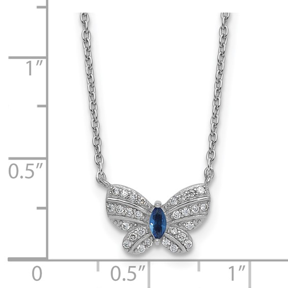 Sterling Silver Rhodium-plated Polished Blue Glass and White CZ Butterfly 16 Inch with 2 Inch Extension Necklace