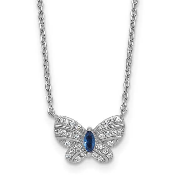 Sterling Silver Rhodium-plated Polished Blue Glass and White CZ Butterfly 16 Inch with 2 Inch Extension Necklace