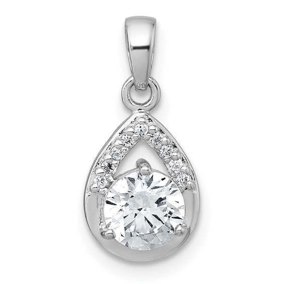 Sterling Silver Rhodium-plated Polished Round CZ Teardrop Pendant