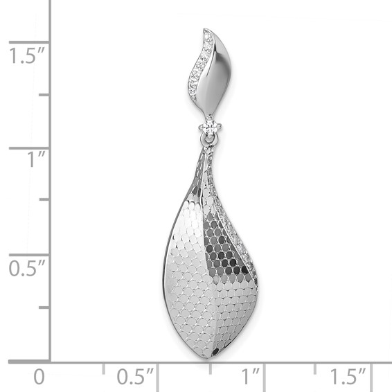 Sterling Silver Rhodium-plated CZ Polished Textured Abstract Tear Drop Pendant