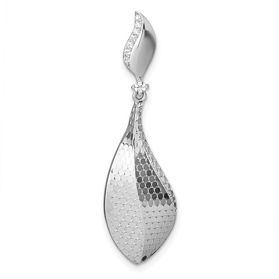 Sterling Silver Rhodium-plated CZ Polished Textured Abstract Tear Drop Pendant