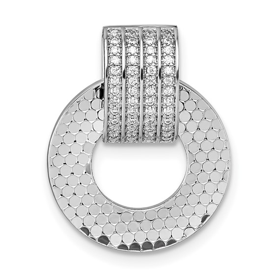 Sterling Silver Rhodium-plated CZ Polished Textured Moveable and Reversible Circle Doorknocker Pendant