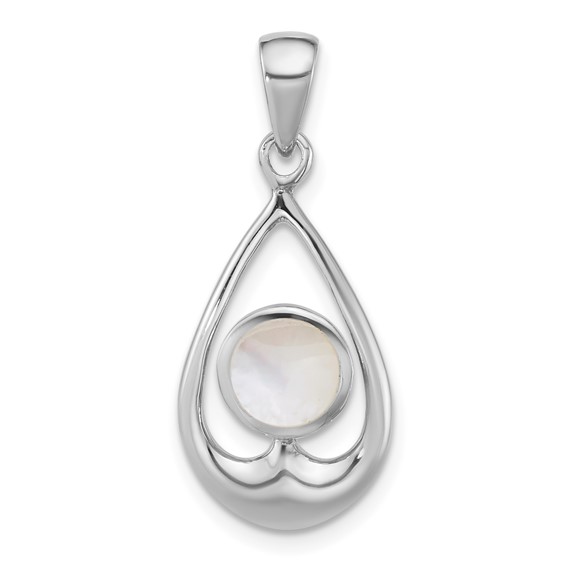 Sterling Silver Rhodium-plated Polished Round Mother of Pearl in Teardrop Pendant