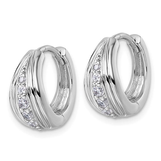 Sterling Silver Rhodium-plated Polished and Grooved White CZ Polished Hinged Hoop Earrings