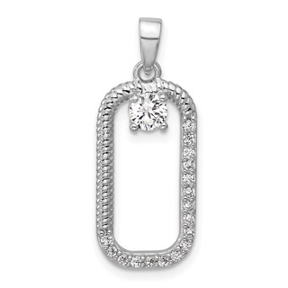Sterling Silver Rhodium-plated CZ Textured Rectangle Pendant
