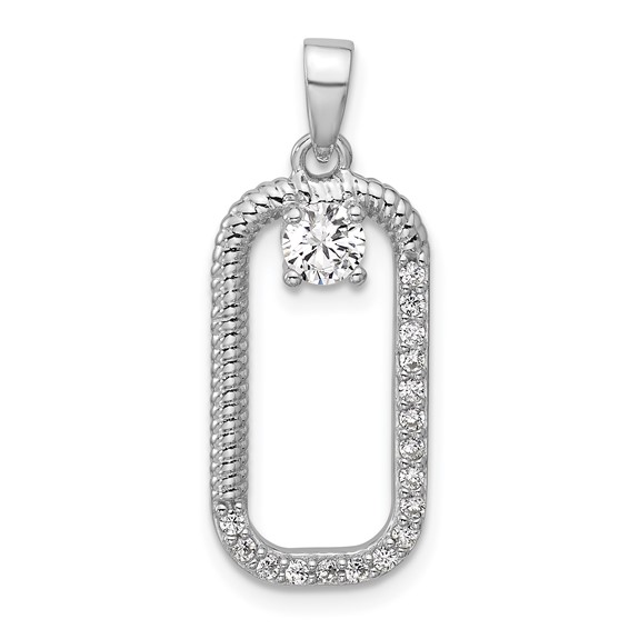 Sterling Silver Rhodium-plated CZ Textured Rectangle Pendant