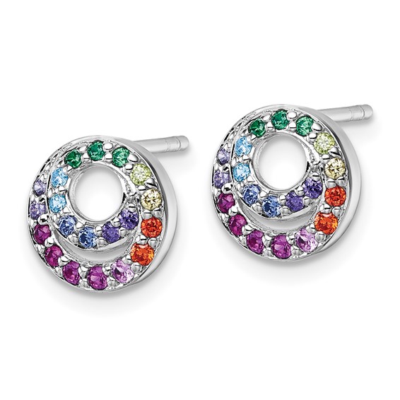 Sterling Silver Rhodium-plated Polished Rainbow CZ Double Circle Post Earrings