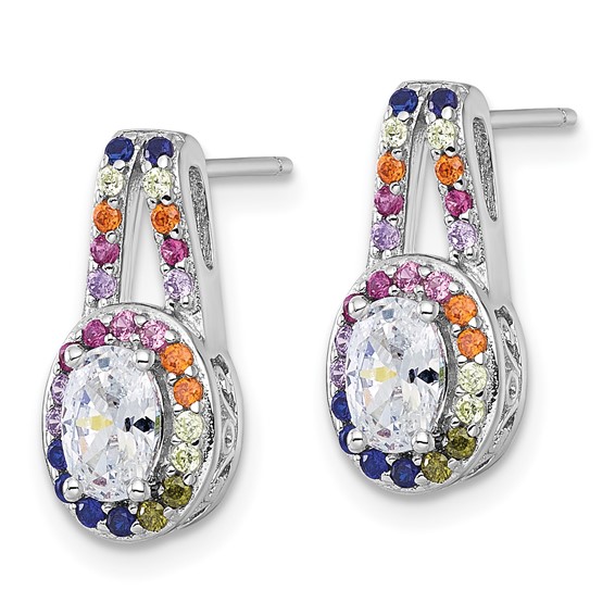 Sterling Silver Rhodium-plated Polished Multi-color Rainbow CZ Oval Halo Post Earrings