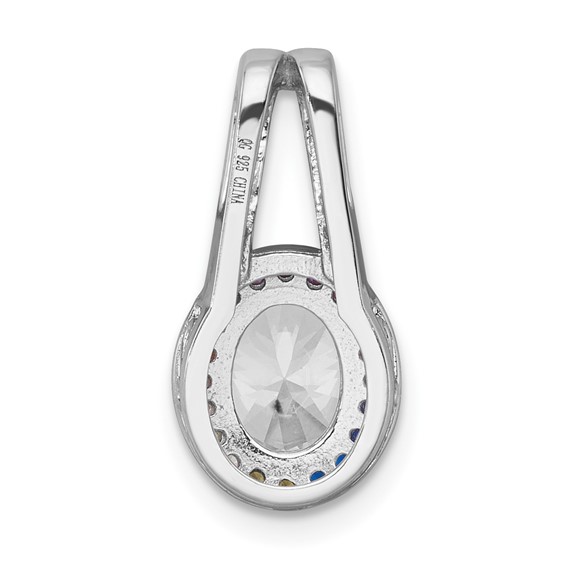 Sterling Silver Rhodium-plated Polished Multi-color Rainbow CZ Oval Halo Chain Slide Pendant