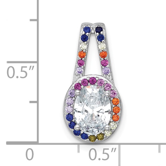 Sterling Silver Rhodium-plated Polished Multi-color Rainbow CZ Oval Halo Chain Slide Pendant