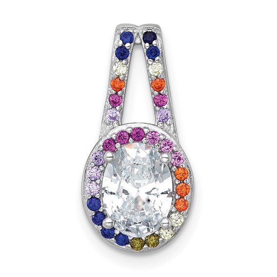 Sterling Silver Rhodium-plated Polished Multi-color Rainbow CZ Oval Halo Chain Slide Pendant