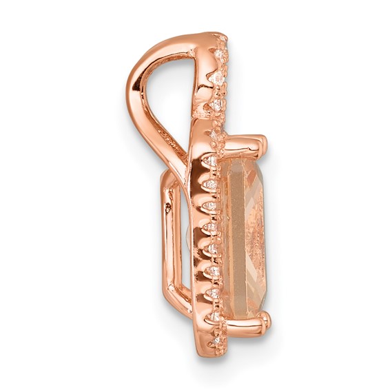 Sterling Silver Rose-tone Polished Pink Glass Stone and CZ Halo Chain Slide Pendant