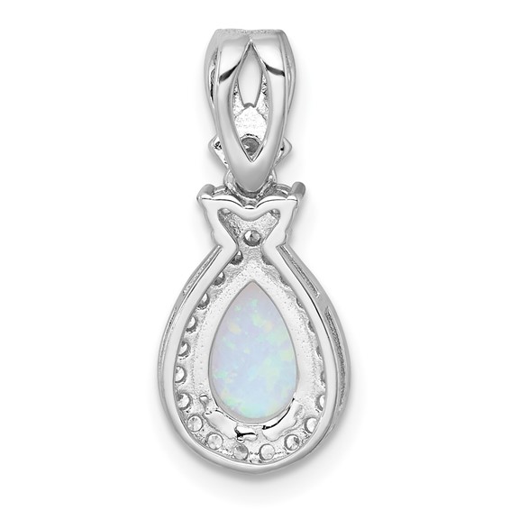 Sterling Silver Rhodium-plated Polished Lab Created Opal and CZ Teardrop Halo Chain Slide Pendant