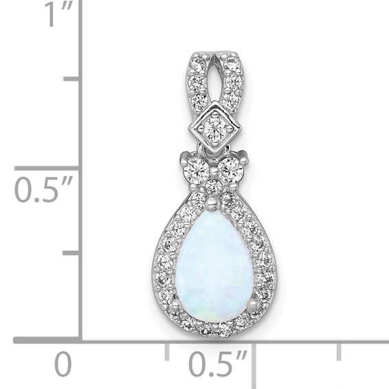 Sterling Silver Rhodium-plated Polished Lab Created Opal and CZ Teardrop Halo Chain Slide Pendant