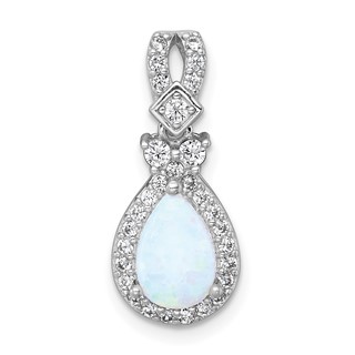 Sterling Silver Rhodium-plated Polished Lab Created Opal and CZ Teardrop Halo Chain Slide Pendant