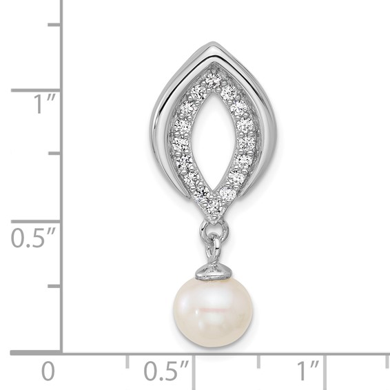 Sterling Silver Rhodium-plated Polished CZ and 6-7mm Freshwater Cultured Pearl Dangle Chain Slide Pendant