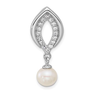Sterling Silver Rhodium-plated Polished CZ and 6-7mm Freshwater Cultured Pearl Dangle Chain Slide Pendant