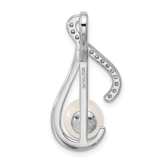 Sterling Silver Rhodium-plated Polished CZ and 6-7mm Freshwater Cultured Pearl Swirl Chain Slide Pendant