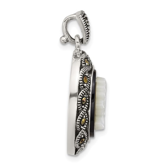 Sterling Silver Antiqued Marcasite with Black Agate and Mother of Pearl Cameo Pendant