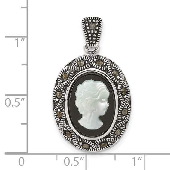 Sterling Silver Antiqued Marcasite with Black Agate and Mother of Pearl Cameo Pendant