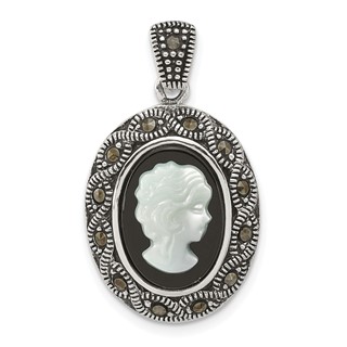 Sterling Silver Antiqued Marcasite with Black Agate and Mother of Pearl Cameo Pendant