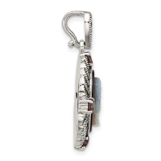 Sterling Silver Antiqued Marcasite and Garnet with Black Agate and Mother of Pearl Cameo Pendant