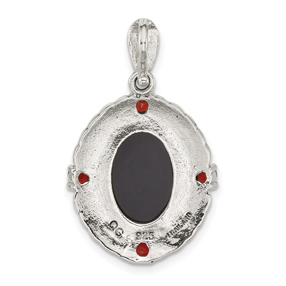 Sterling Silver Antiqued Marcasite and Garnet with Black Agate and Mother of Pearl Cameo Pendant