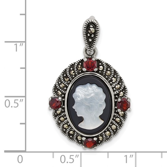 Sterling Silver Antiqued Marcasite and Garnet with Black Agate and Mother of Pearl Cameo Pendant