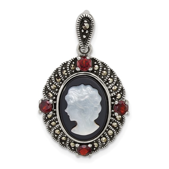 Sterling Silver Antiqued Marcasite and Garnet with Black Agate and Mother of Pearl Cameo Pendant
