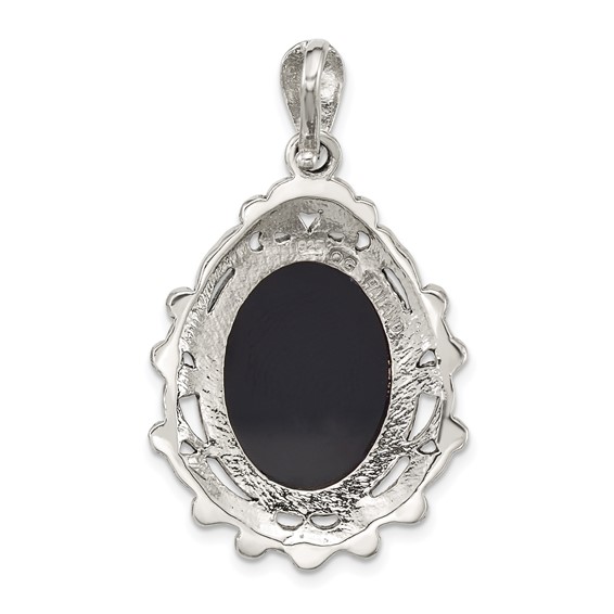 Sterling Silver Antiqued Marcasite with Black Agate and Mother of Pearl Cameo Pendant