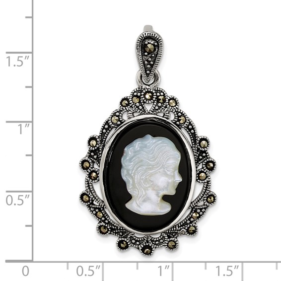 Sterling Silver Antiqued Marcasite with Black Agate and Mother of Pearl Cameo Pendant