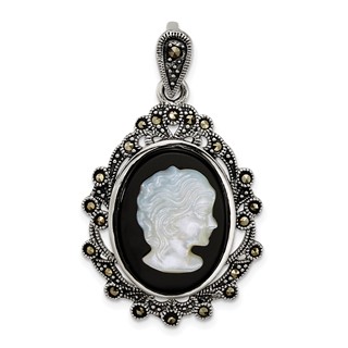 Sterling Silver Antiqued Marcasite with Black Agate and Mother of Pearl Cameo Pendant