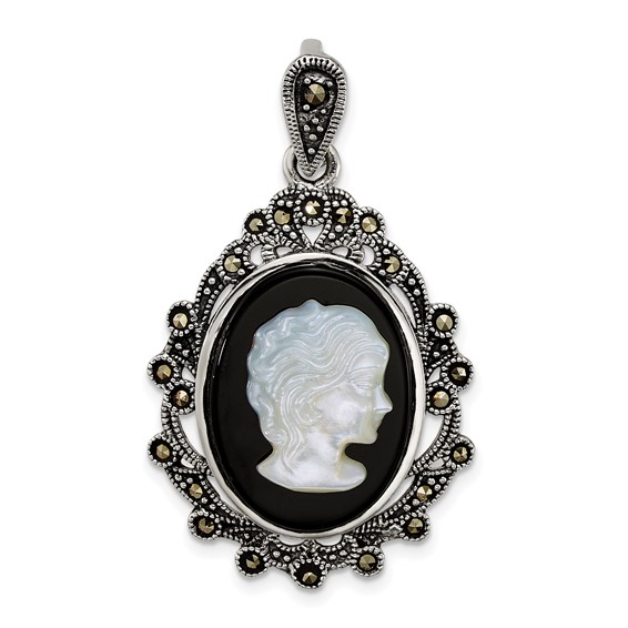 Sterling Silver Antiqued Marcasite with Black Agate and Mother of Pearl Cameo Pendant