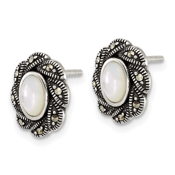 Sterling Silver Antiqued Marcasite and Mother of Pearl Oval Fancy Post Earrings