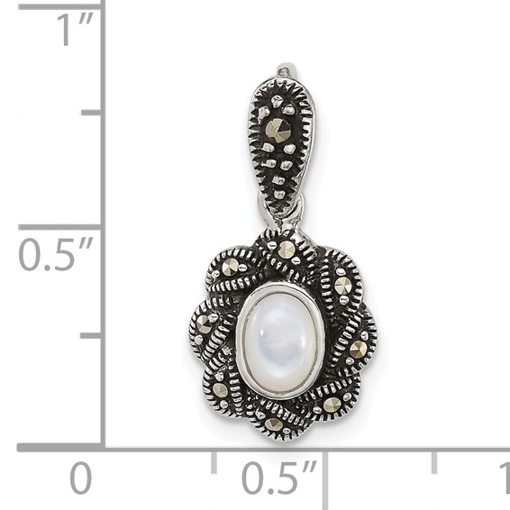 Sterling Silver Antiqued Marcasite and Mother of Pearl Oval Fancy Pendant