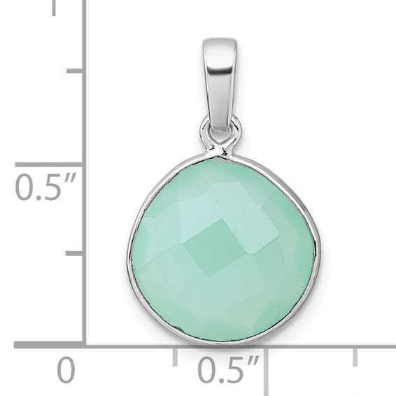 Sterling Silver Rhodium-plated Polished Round Checker-cut Green Chalcedony Pendant