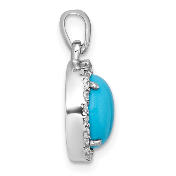 Sterling Silver Rhodium-plated Polished CZ Halo and Reconstituted Turquoise Cabochon Circle Pendant