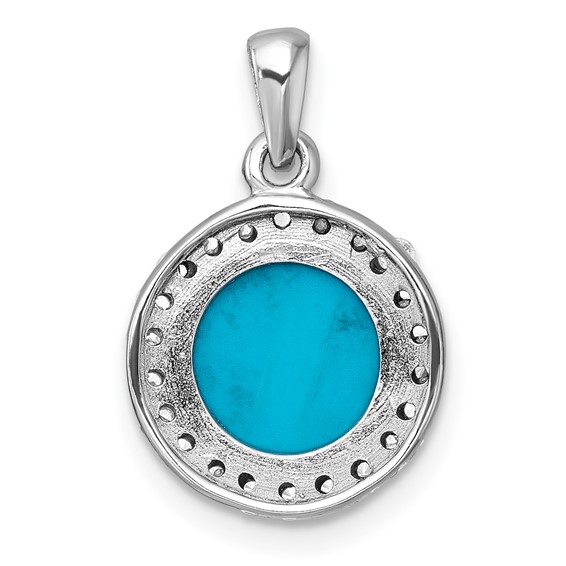 Sterling Silver Rhodium-plated Polished CZ Halo and Reconstituted Turquoise Cabochon Circle Pendant