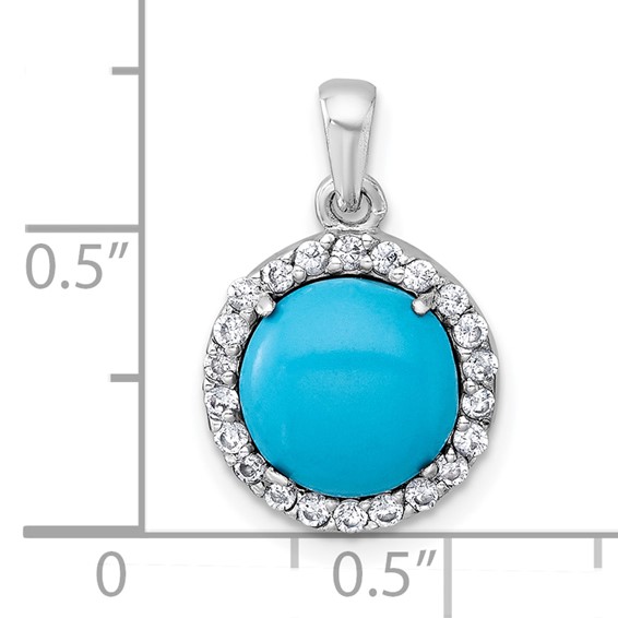 Sterling Silver Rhodium-plated Polished CZ Halo and Reconstituted Turquoise Cabochon Circle Pendant