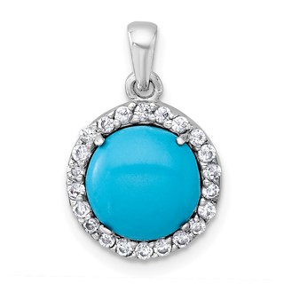 Sterling Silver Rhodium-plated Polished CZ Halo and Reconstituted Turquoise Cabochon Circle Pendant