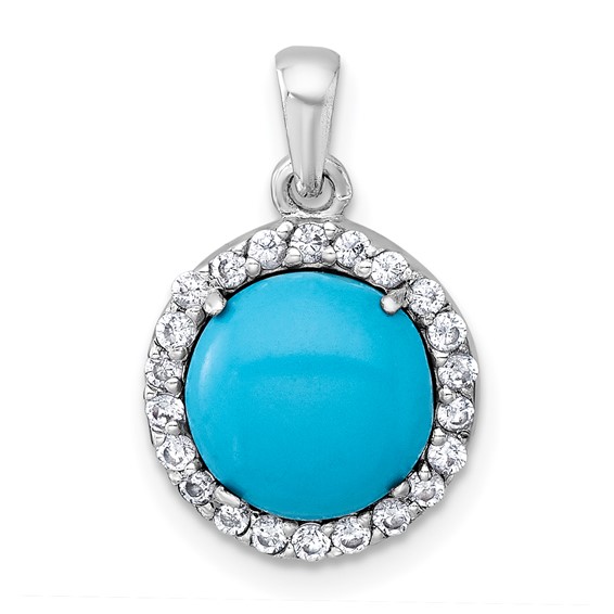Sterling Silver Rhodium-plated Polished CZ Halo and Reconstituted Turquoise Cabochon Circle Pendant