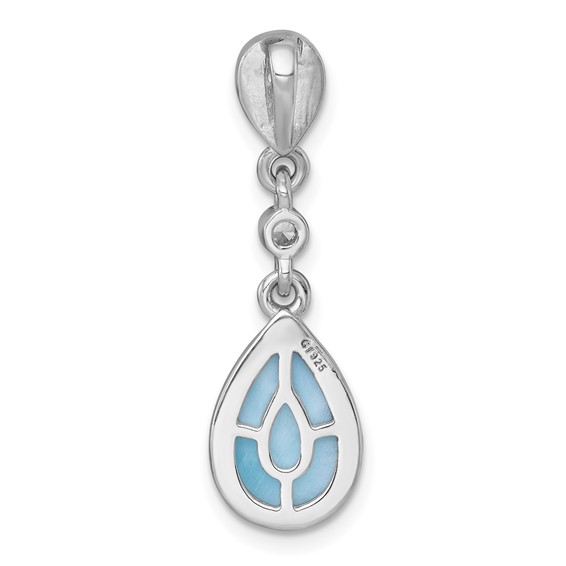 Sterling Silver Rhodium-plated Polished Pear Larimar Cabochon and CZ Teardrop Chain Slide Pendant