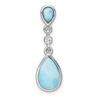 Sterling Silver Rhodium-plated Polished Pear Larimar Cabochon and CZ Teardrop Chain Slide Pendant