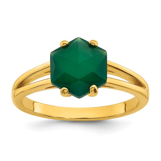 Sterling Silver Gold-tone Polished Hexagon Green Chalcedony Size 6 Ring