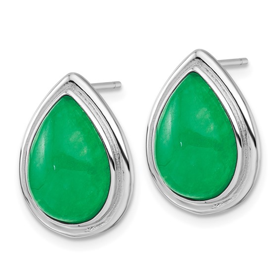 Sterling Silver Rhodium-plated Polished Pear-Shaped Dyed Jade Quartz Cabochon Post Earrings
