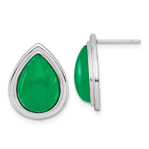 Sterling Silver Rhodium-plated Polished Pear-Shaped Dyed Jade Quartz Cabochon Post Earrings
