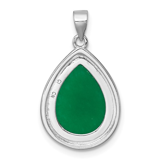 Sterling Silver Rhodium-plated Polished Pear-Shaped Dyed Jade Quartz Cabochon Pendant