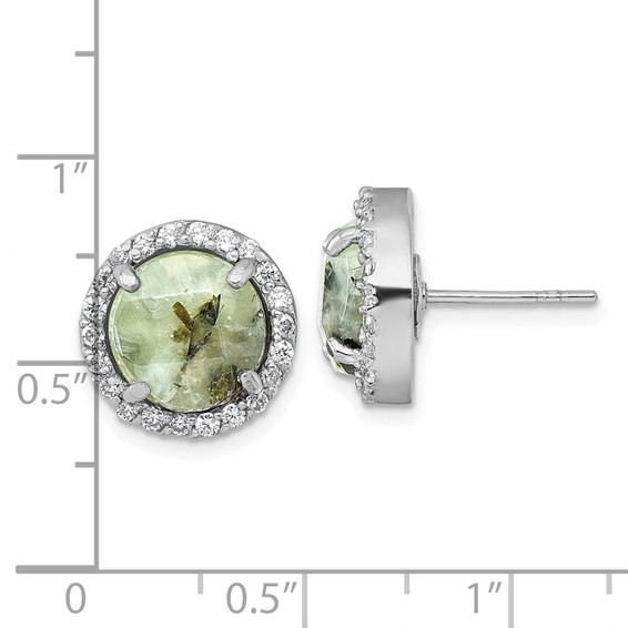 Sterling Silver Rhodium-plated Polished CZ Halo and Faceted Prehnite Circle Post Earrings